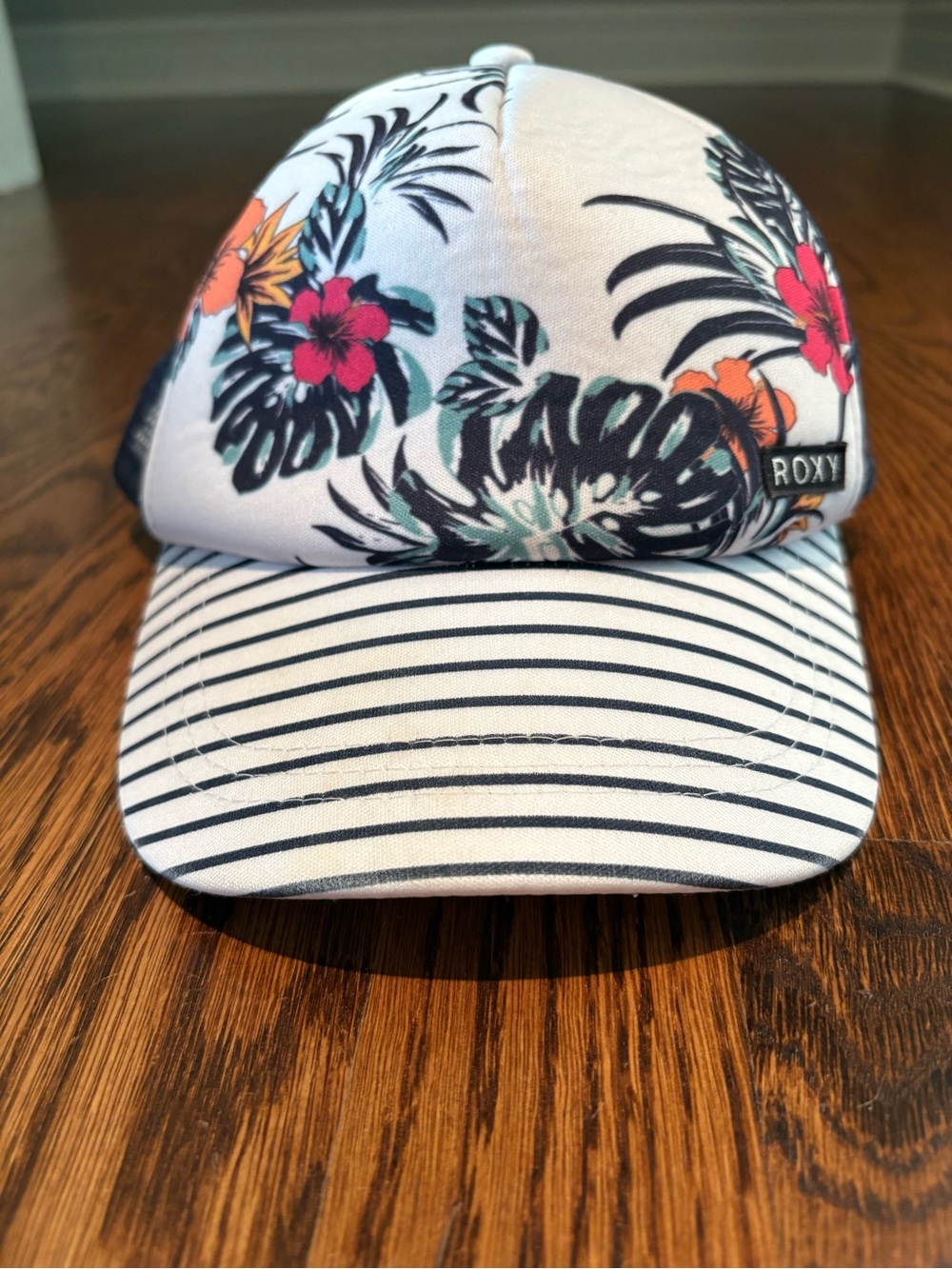Roxy Kids Floral Stripe Trucker Hat - White with Pink & Orange Flowers